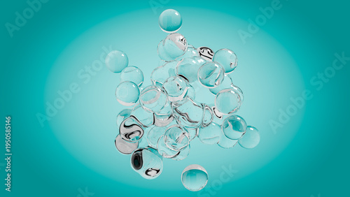 Abstract image of transparent bubbles with imperfections floating in front of turquoise colored gradient background
