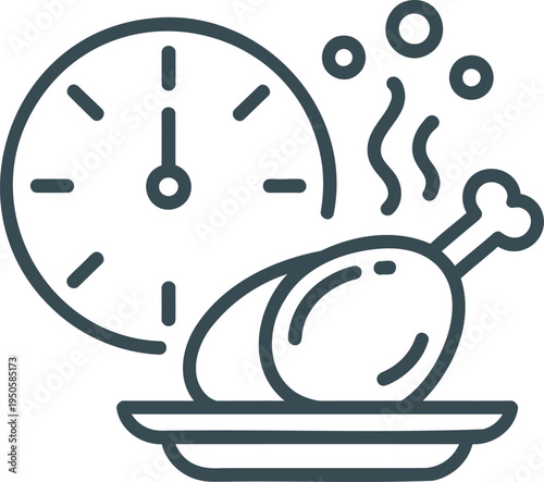 Icon of a cooked chicken leg on a plate with a clock  cooking time concept
