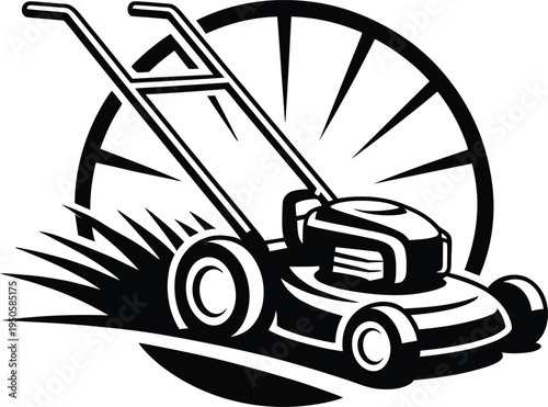 Illustration of lawn mower cutting grass with sunburst behind it