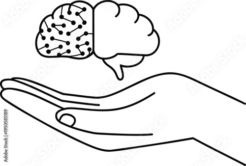 Hand with brain above it and neural connections shown  thinking concept  mind control