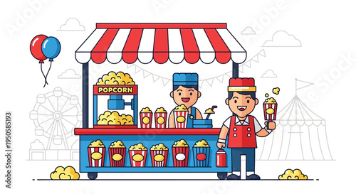 Happy Popcorn Stand at Carnival with Ferris Wheel and Circus Tent