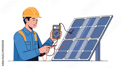 Solar Panel Technician Inspection: A technician meticulously inspects solar panels with a multimeter, ensuring optimal energy generation for a sustainable future.