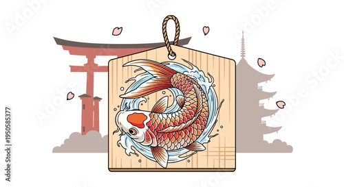Japanese Koi Fish Ema Plaque with Torii Gate and Pagoda Background