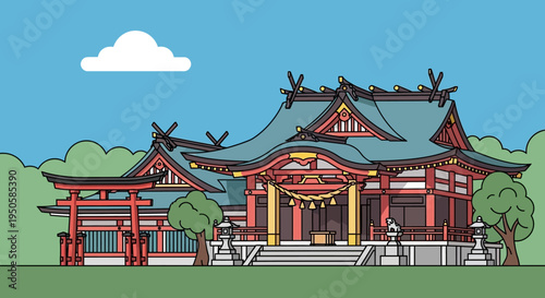 Japanese Shrine Temple With Torii Gate, Traditional Architecture, Green Trees, Blue Sky