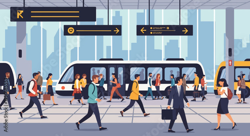 Modern train station with diverse commuters walking, arriving, and departing.