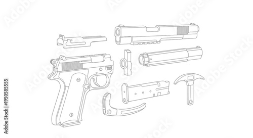 Disassembled Handgun Parts Illustration.