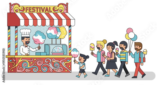 Festival cotton candy stall with happy people queuing for sweet treats on a sunny day