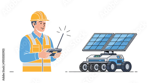 Engineer and Solar Panel Robot: An engineer, donned in a safety vest and helmet, skillfully operates a remote control, overseeing a cutting-edge solar panel robot.