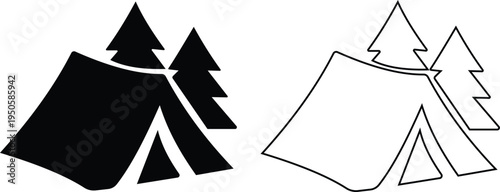 Camping tent icons set outdoor adventure shelter symbols with camp tents, mountain and forest travel elements for hiking tourism nature trip vector illustration design collection group