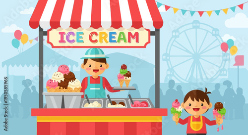 Happy child buying ice cream from a colorful fair stand with a Ferris wheel background