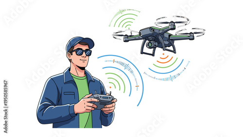 Drone Operation: An individual expertly navigates a drone using a remote control, with the aircraft hovering mid-air, illustrating the modern convergence of technology and control.