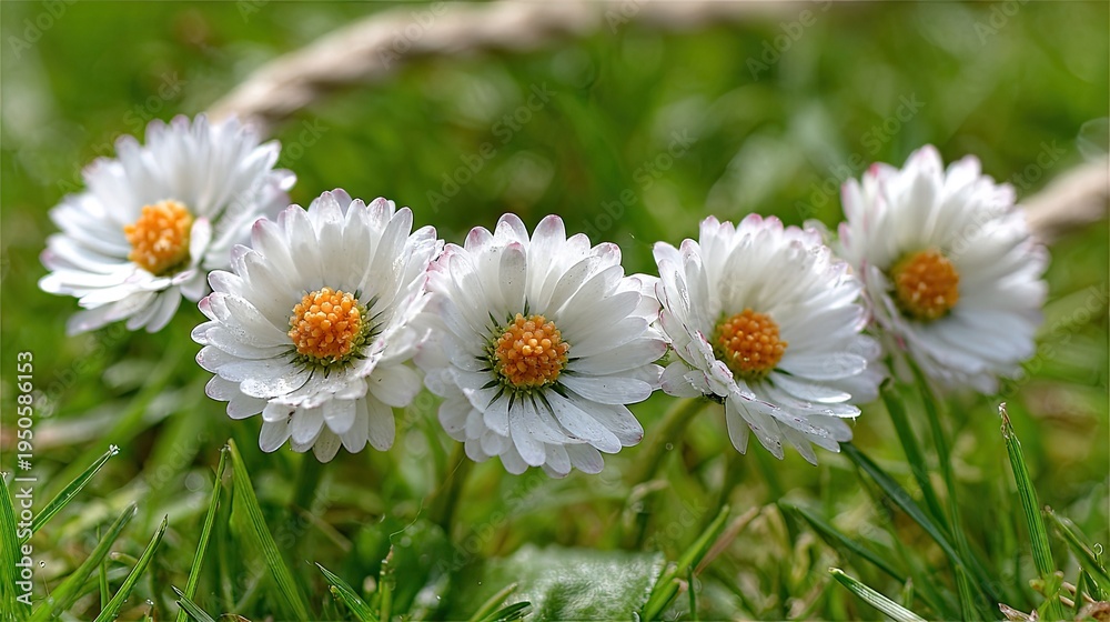 Obraz premium Five white composite flowers with bright orange centers line up in lush green grass.