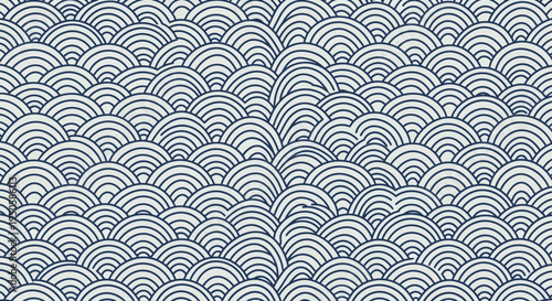 Japanese Seigaiha Wave Pattern Seamless Background, Blue and White Traditional Textile Design