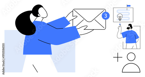 Digital communication, teamwork, idea sharing, email notifications, messaging apps, collaboration, workflow efficiency. Person holding an envelope icons of messaging and idea sharing. Digital