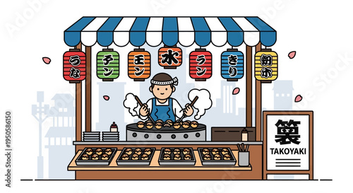 Japanese Takoyaki Street Food Stall with Vendor and Cityscape Background
