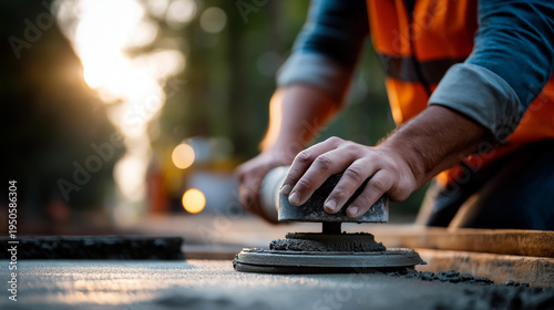 Faceless construction worker compacting and laying concrete on a building site with a tamping tool, concrete placement, site labor concept, defocused background, with copy space