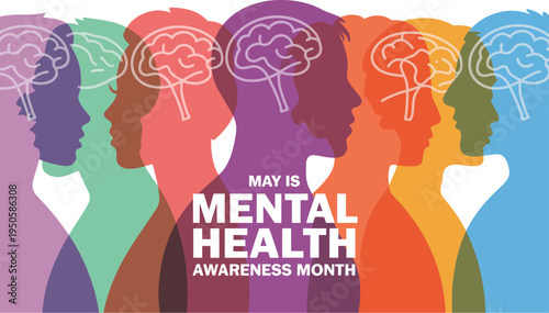Mental Health Awareness Month banner, colorful design promoting May campaign for mental health support wellbeing and public awareness initiatives.