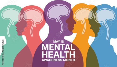 Mental Health Awareness Month banner, vibrant graphic highlighting May mental health awareness campaign with supportive messaging and community engagement.