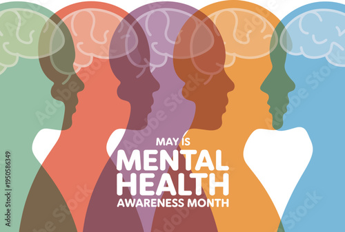 Mental Health Awareness Month banner, colorful design promoting mental health support, self-care, and wellbeing initiatives for May campaign and community outreach.