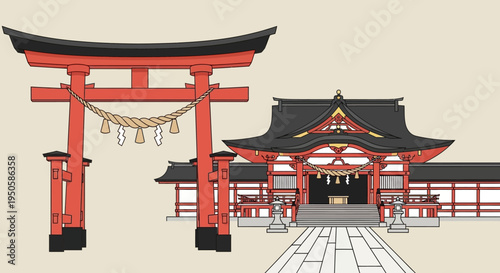 Traditional Japanese Shrine Gate and Main Hall, Red and Black Architecture, Minimalist Style