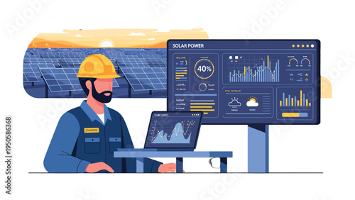 Renewable Energy Expertise: A technician meticulously monitors data and the progress of the solar panels, embodying the core of the sustainability and environmental care. 