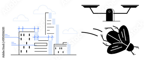 Smart city planning, urban innovation, technology, automation, surveillance, futuristic solutions. Cityscape under design and a quadcopter illustrated as a flying insect. Smart city and technology
