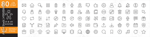Icon set for web and apps. UI and UX icon set collection. Contain symbol of home, search, menu, setting, user, account, notification, delete, help, edit, sort, file, share, mic, setting, upload.