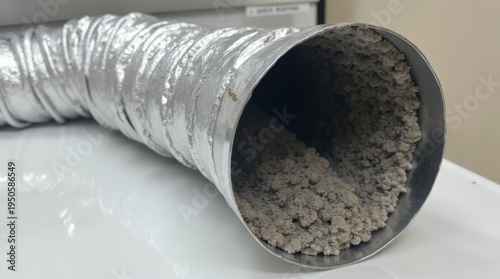 Aluminum dryer vent tube clogged with gray lint accumulation. Flexible metal pipe shows buildup from clothes drying. Needs cleaning for safety and efficiency. 