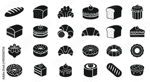 Set of 25 cake icons vector, black and white