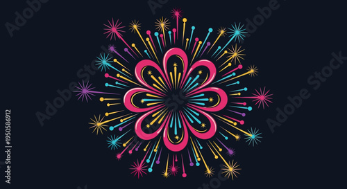 Colorful Flower Firework Explosion on Dark Background, Festive Celebration