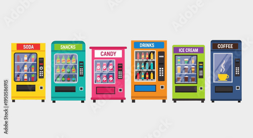 Colorful Vending Machines Row: Soda, Snacks, Candy, Drinks, Ice Cream, Coffee