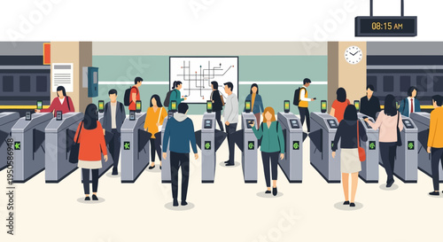 Commuters Entering Subway Station Through Turnstiles During Rush Hour