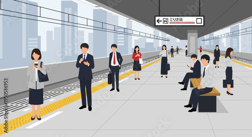 Commuters waiting for train on modern subway platform, urban transportation concept