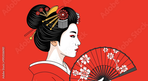 Elegant Geisha Holding a Red Fan with Cherry Blossoms, Traditional Japanese Culture