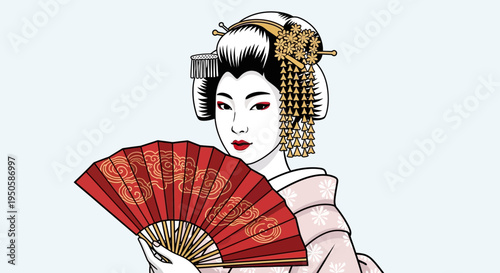 Elegant Geisha Holding Red Fan, Traditional Japanese Woman in Kimono, Artistic Portrait