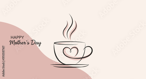 Mother's Day greeting card design with a cup of coffee and heart, minimalist style