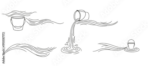 Water bucket pouring liquid with flowing lines and ripples