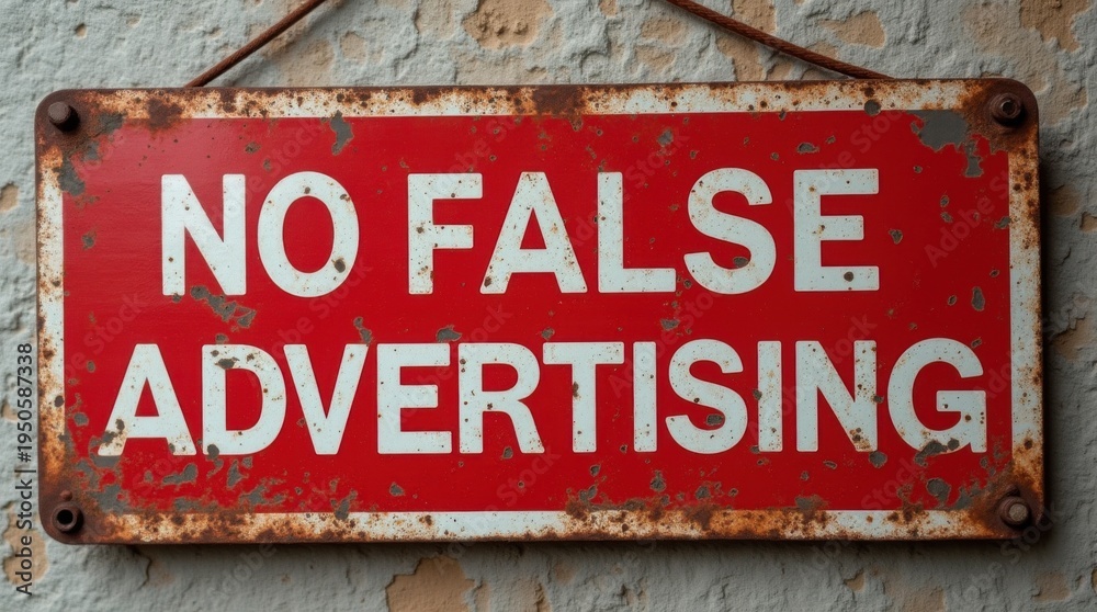 Obraz premium Red metal sign on rough wall states NO FALSE ADVERTISING. Metal shows rust and wear. Sign implies need for truth in marketing and promotions.