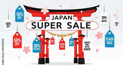 Japan Super Sale Torii Gate with Discount Tags and Cherry Blossoms