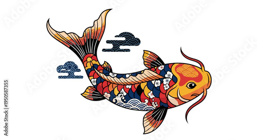 Japanese Koi Fish Illustration with Traditional Clouds and Bonsai Tree