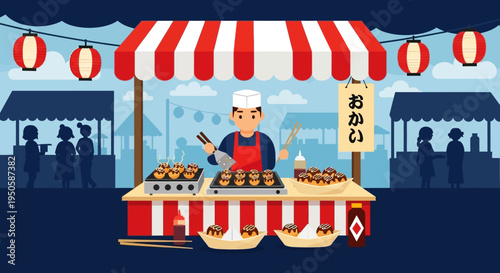 Japanese street food stall selling takoyaki at a night market festival