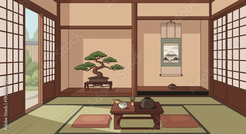 Japanese Room Interior with Bonsai Tree and Tea Set