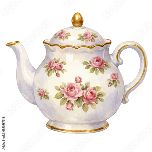 A watercolor vector of vintage porcelain teapot with pink rose floral pattern and gold trim for classic kitchen decor, tea illustrations, and elegant design elements.