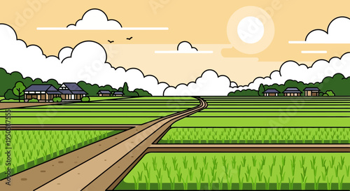 Pixel Art Rice Field Landscape with Traditional Japanese Houses and Sun