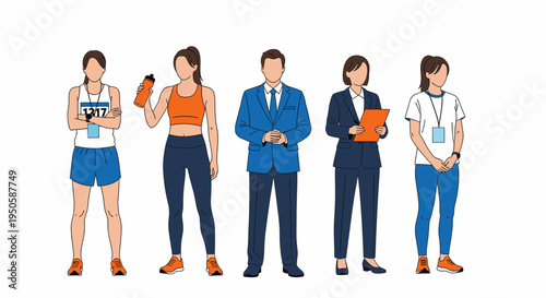 Vector illustration of diverse individuals representing various professions and active lifestyles. A collection of flat design characters showcasing different careers and human roles