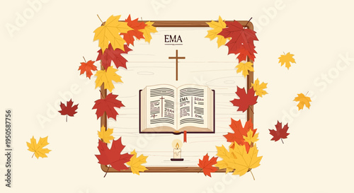 Autumn Thanksgiving Bible Study: Open Book, Cross, Candle, and Maple Leaves
