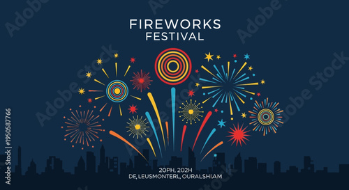 Colorful Fireworks Festival Over City Skyline at Night