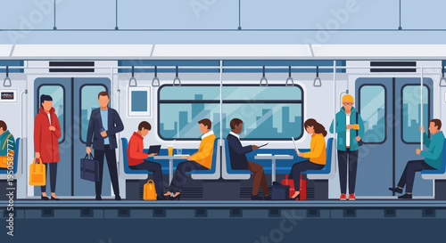 Commuters traveling on a modern subway train, diverse people using laptops and phones