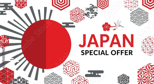 Japan Special Offer Banner with Sun, Crane, and Traditional Patterns