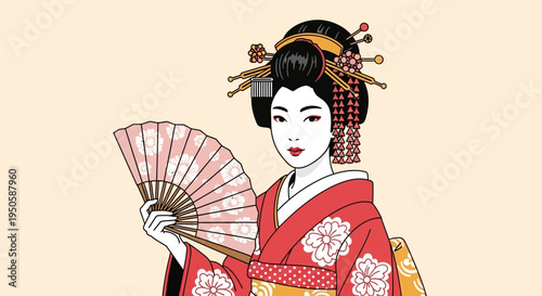 Japanese Geisha Woman in Kimono Holding a Fan, Traditional Art Style
